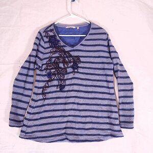 Soft Surroundings Knit Tunic Top Womens Large Blue Striped Applique Pullover